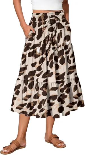 Casual Skirts for Women Summer High Waisted Wrap Midi Skirt Swing A-Line Floral Print Knee Length Skirt with Pockets