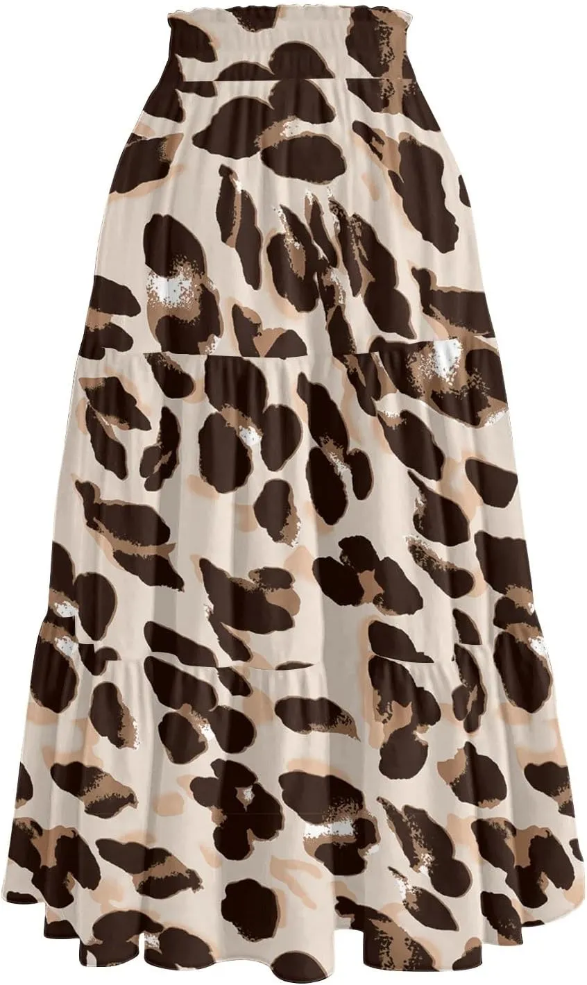 Casual Skirts for Women Summer High Waisted Wrap Midi Skirt Swing A-Line Floral Print Knee Length Skirt with Pockets
