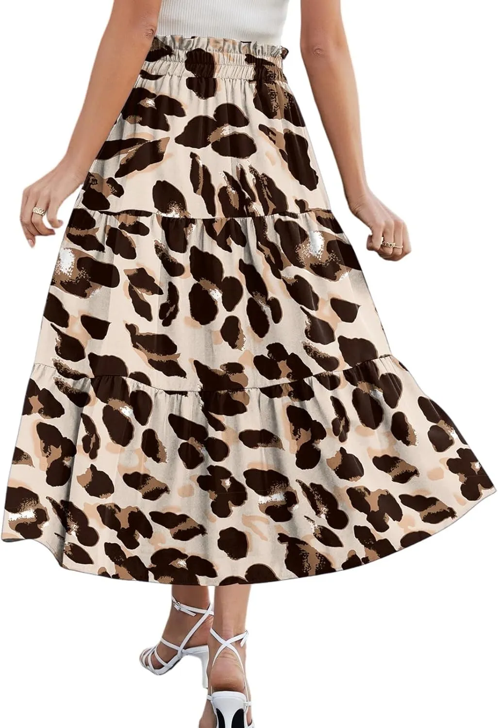 Casual Skirts for Women Summer High Waisted Wrap Midi Skirt Swing A-Line Floral Print Knee Length Skirt with Pockets