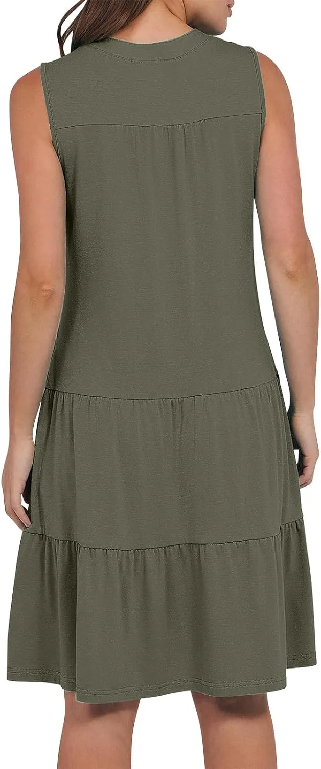 Casual Summer Dresses for Women 2025 Beach Vacation Mini Dresses with Pockets Sleeveless V Neck Ruffle Dresses