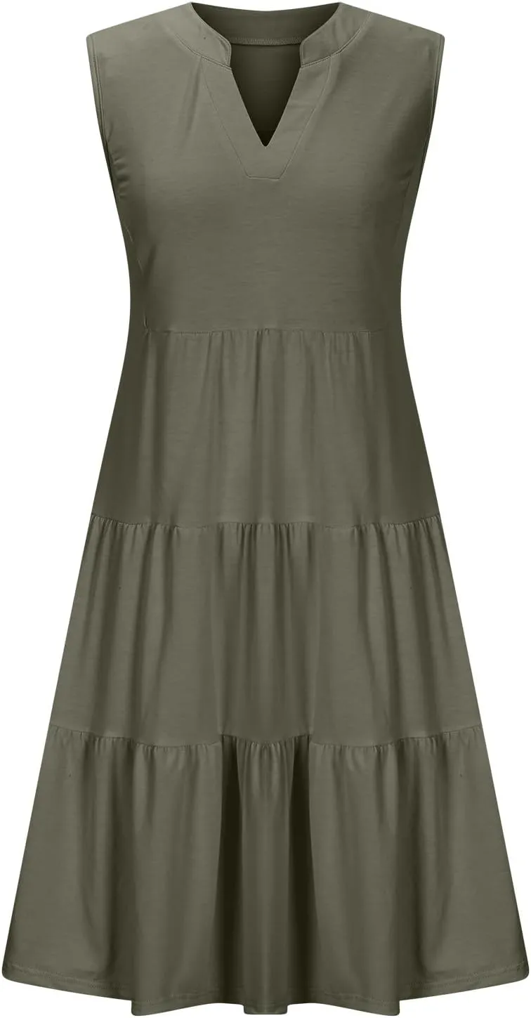 Casual Summer Dresses for Women 2025 Beach Vacation Mini Dresses with Pockets Sleeveless V Neck Ruffle Dresses