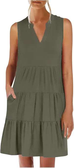 Casual Summer Dresses for Women 2025 Beach Vacation Mini Dresses with Pockets Sleeveless V Neck Ruffle Dresses