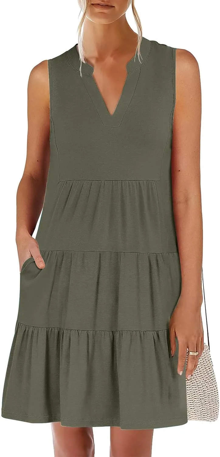 Casual Summer Dresses for Women 2025 Beach Vacation Mini Dresses with Pockets Sleeveless V Neck Ruffle Dresses