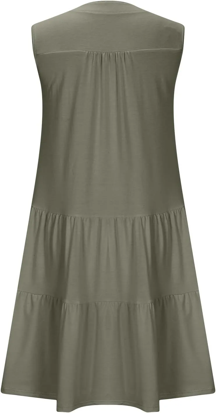 Casual Summer Dresses for Women 2025 Beach Vacation Mini Dresses with Pockets Sleeveless V Neck Ruffle Dresses