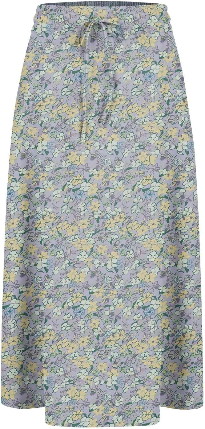 Casual Summer Skirts for Women Floral Midi Skirts Drawstring Elastic Waist Knee Length Skirt A Line Skirt with Pocket