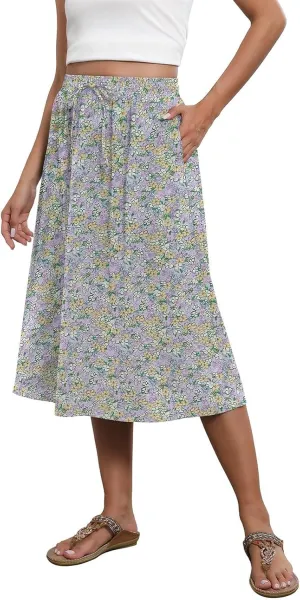 Casual Summer Skirts for Women Floral Midi Skirts Drawstring Elastic Waist Knee Length Skirt A Line Skirt with Pocket