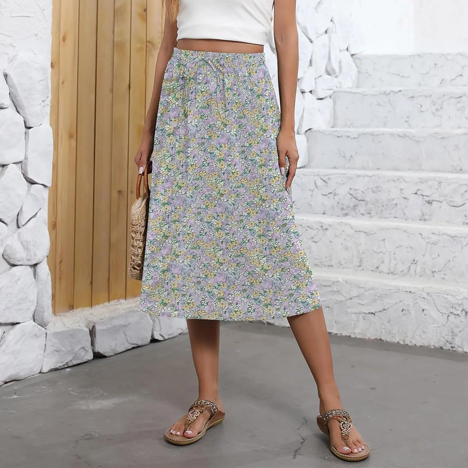 Casual Summer Skirts for Women Floral Midi Skirts Drawstring Elastic Waist Knee Length Skirt A Line Skirt with Pocket