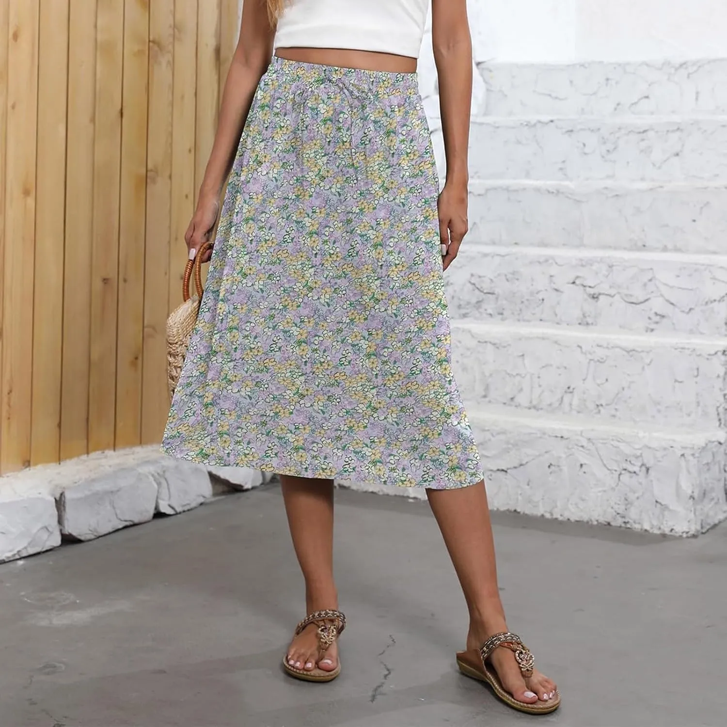 Casual Summer Skirts for Women Floral Midi Skirts Drawstring Elastic Waist Knee Length Skirt A Line Skirt with Pocket