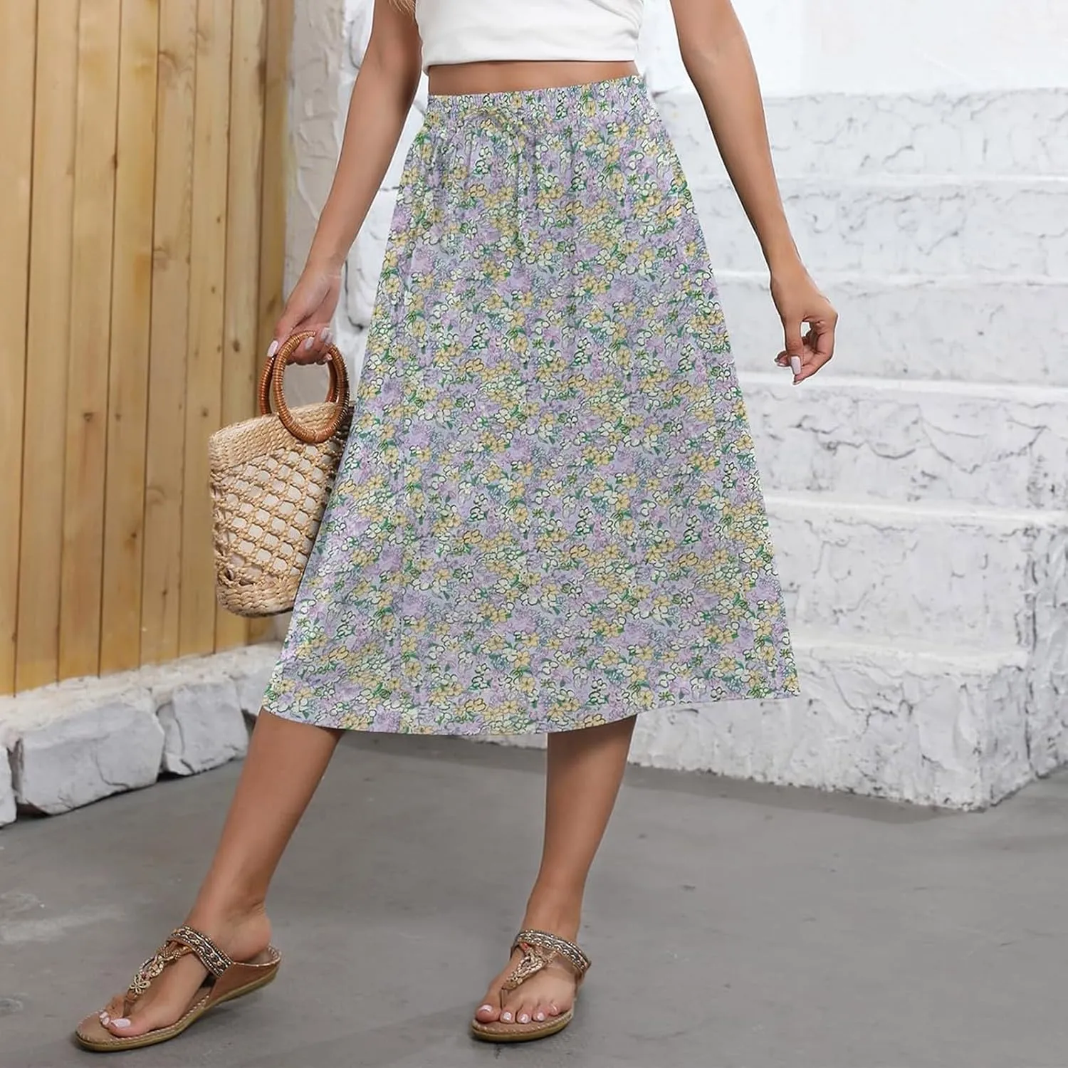 Casual Summer Skirts for Women Floral Midi Skirts Drawstring Elastic Waist Knee Length Skirt A Line Skirt with Pocket