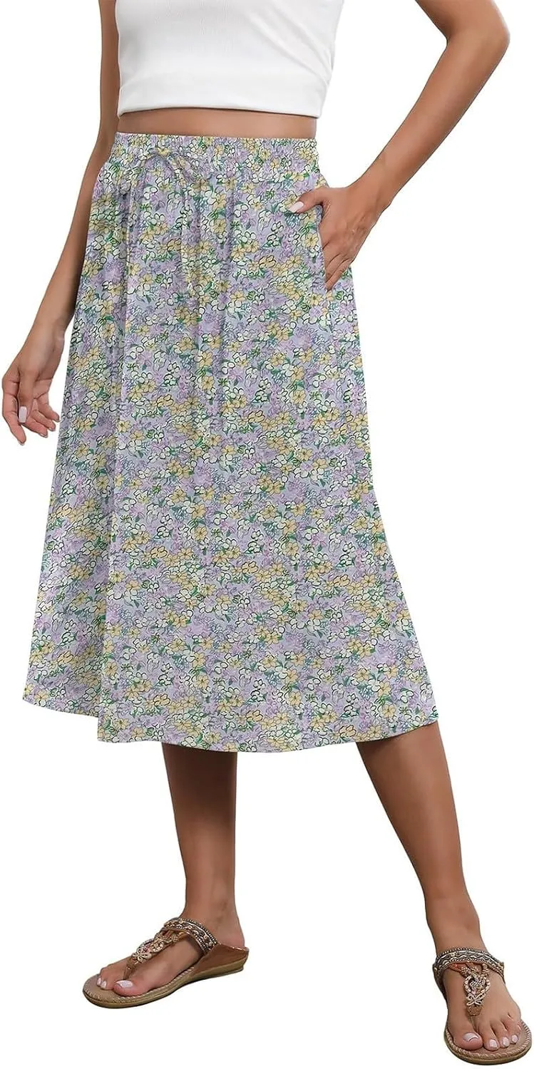 Casual Summer Skirts for Women Floral Midi Skirts Drawstring Elastic Waist Knee Length Skirt A Line Skirt with Pocket