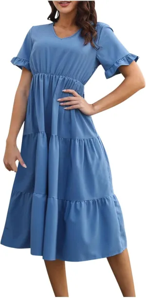 Casual Tiered Dress for Women Ruffle Short Sleeve V Neck Swing Mini Dress A-Line Dresses Summer Casual Ankle Dresses