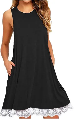 Casual Vacation Tank Dress for Women Crew Neck Solid Sleeveless Sundress Summer Basic Loose Hem Beach Mini Dresse