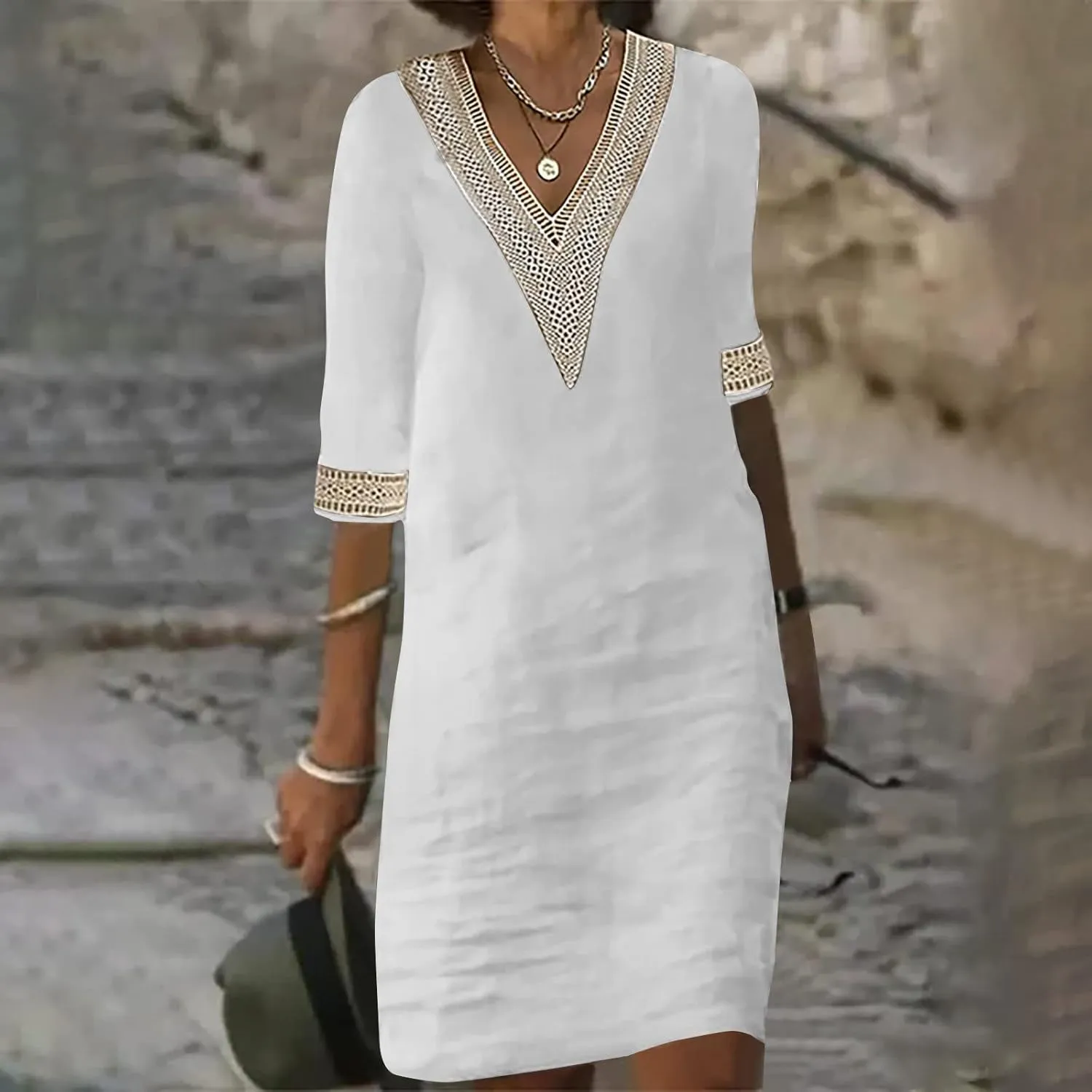 Ceboyel Cotton Linen Dresses for Women 2025 Boho Casual Short Dress V Neck Summer Dress Trendy Elegant Ladies Outfits