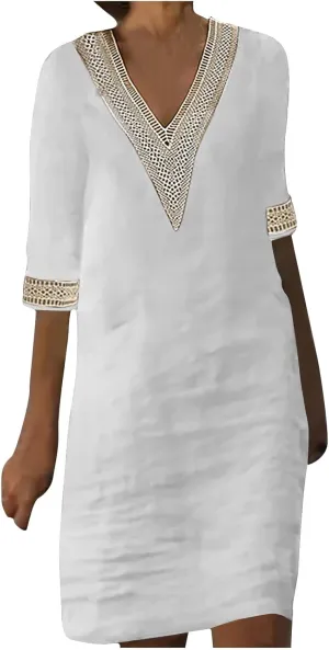 Ceboyel Cotton Linen Dresses for Women 2025 Boho Casual Short Dress V Neck Summer Dress Trendy Elegant Ladies Outfits
