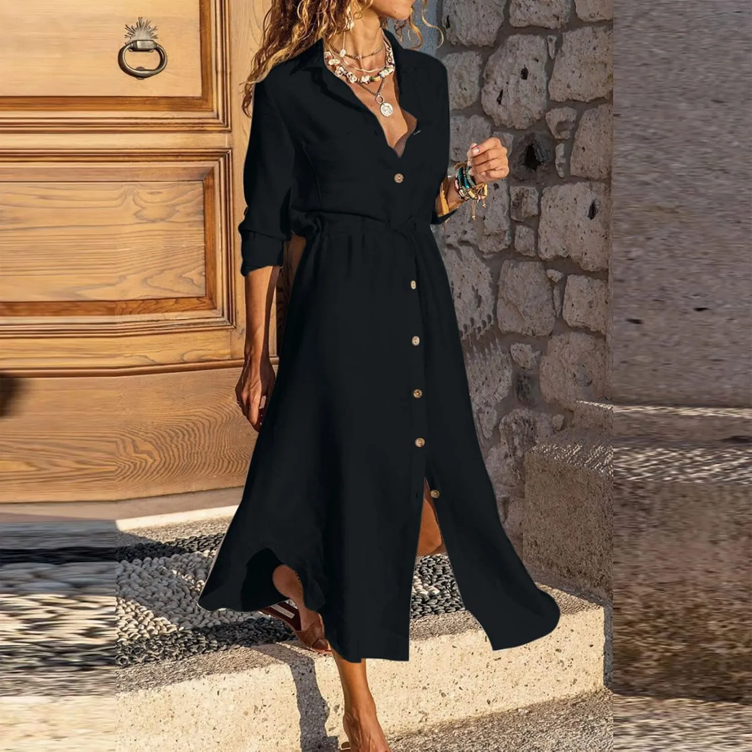 Ceboyel Linen Shirt Dresses for Women Button Down Drawstring Causal Dress Plain Long Maxi Dresses Trendy Ladies Outfits 2023