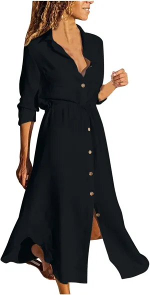 Ceboyel Linen Shirt Dresses for Women Button Down Drawstring Causal Dress Plain Long Maxi Dresses Trendy Ladies Outfits 2023