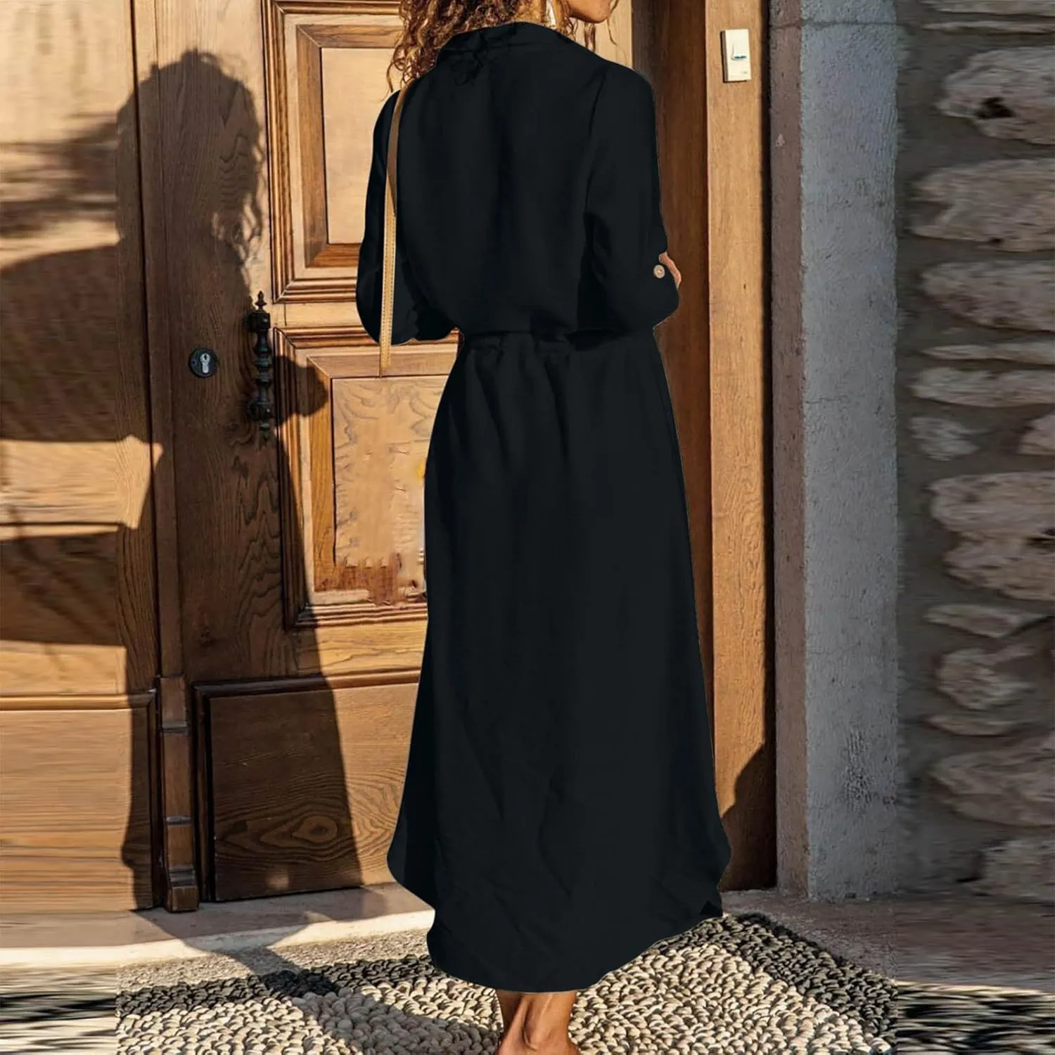 Ceboyel Linen Shirt Dresses for Women Button Down Drawstring Causal Dress Plain Long Maxi Dresses Trendy Ladies Outfits 2023