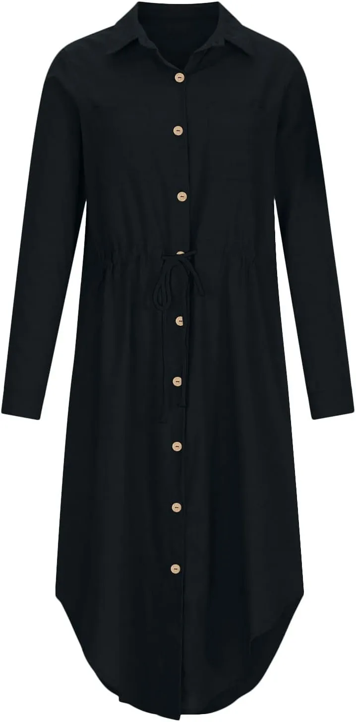 Ceboyel Linen Shirt Dresses for Women Button Down Drawstring Causal Dress Plain Long Maxi Dresses Trendy Ladies Outfits 2023