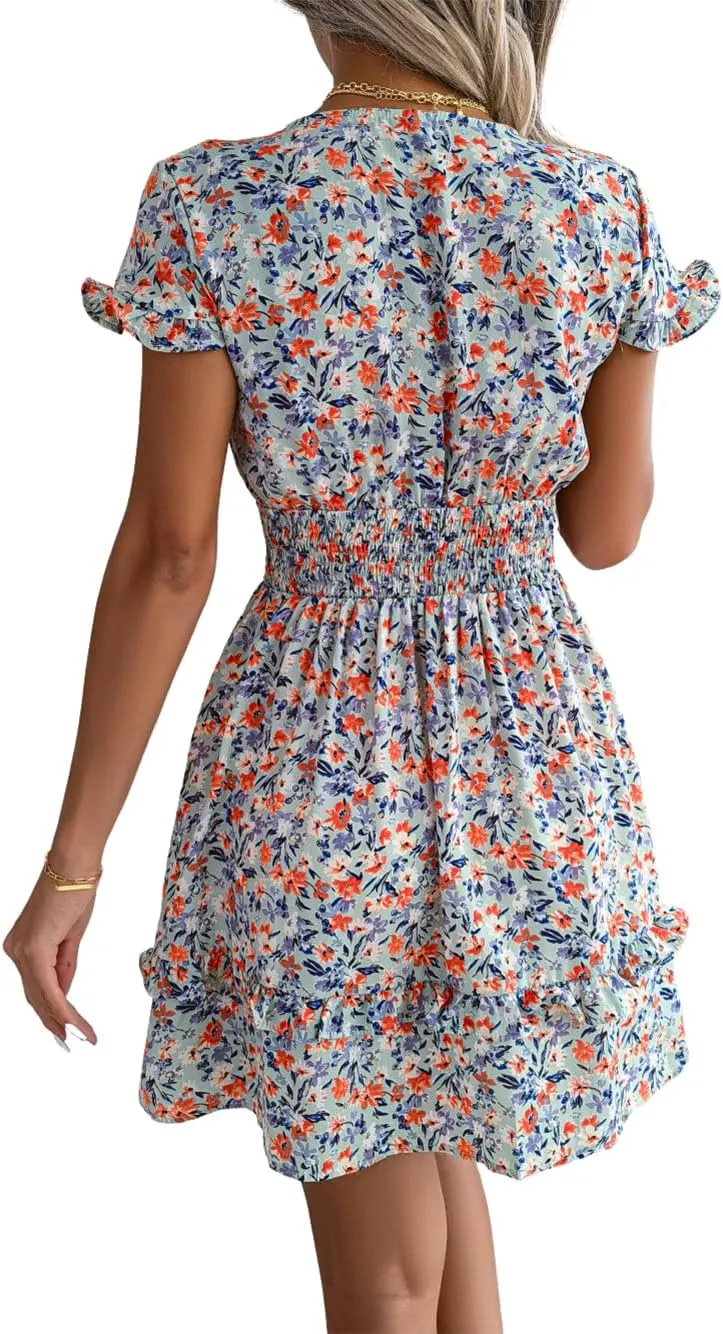 CHARTOU Women's Summer Ditsy Floral Print Self Tie V Neck Smocked A-Line Ruffle Mini Dress