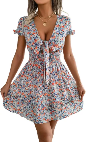 CHARTOU Women's Summer Ditsy Floral Print Self Tie V Neck Smocked A-Line Ruffle Mini Dress