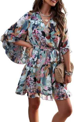 Chiffon Dresses for Women-2025 Summer Elegant Bohemian Half Sleeve V Neck Ruffle Dress Tie Waist Midi A Line Dress