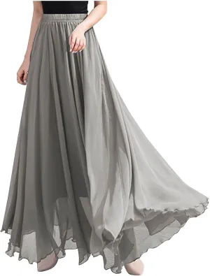 Chiffon Skirt for Women 2025 Fashion Vintage High Elastic Waist Pleated Skirts Solid Color Fashion Swing Beach Skirt