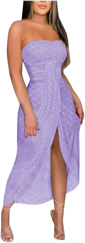 Cocktail Dresses for Women Sexy High Split Bodycon Strapless Eyelet Embroidery Wedding Dress Summer Casual Sundress
