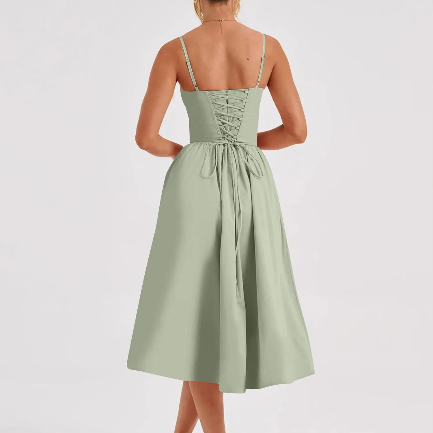 Corset Dress for Women Formal Spaghetti Strap Bustier Midi Dresses Flowy Pleated Hem A-Line Sundress with Pockets