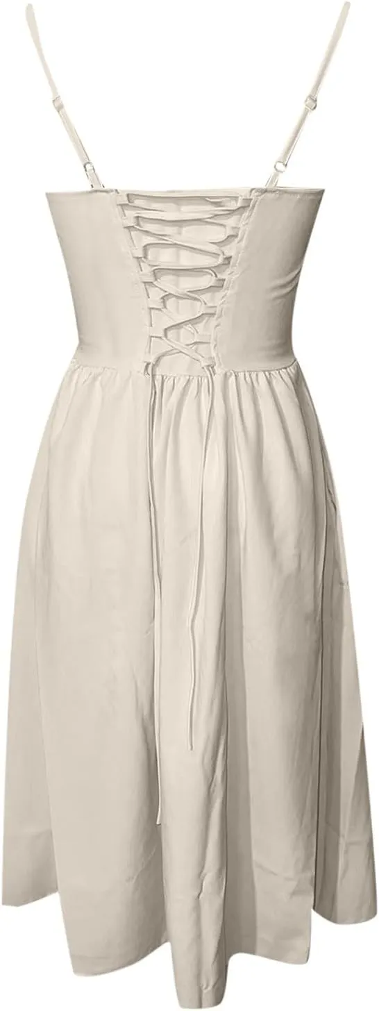 Corset Dress for Women Formal Spaghetti Strap Bustier Midi Dresses Flowy Pleated Hem A-Line Sundress with Pockets