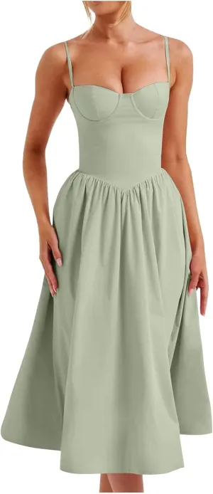 Corset Dress for Women Formal Spaghetti Strap Bustier Midi Dresses Flowy Pleated Hem A-Line Sundress with Pockets