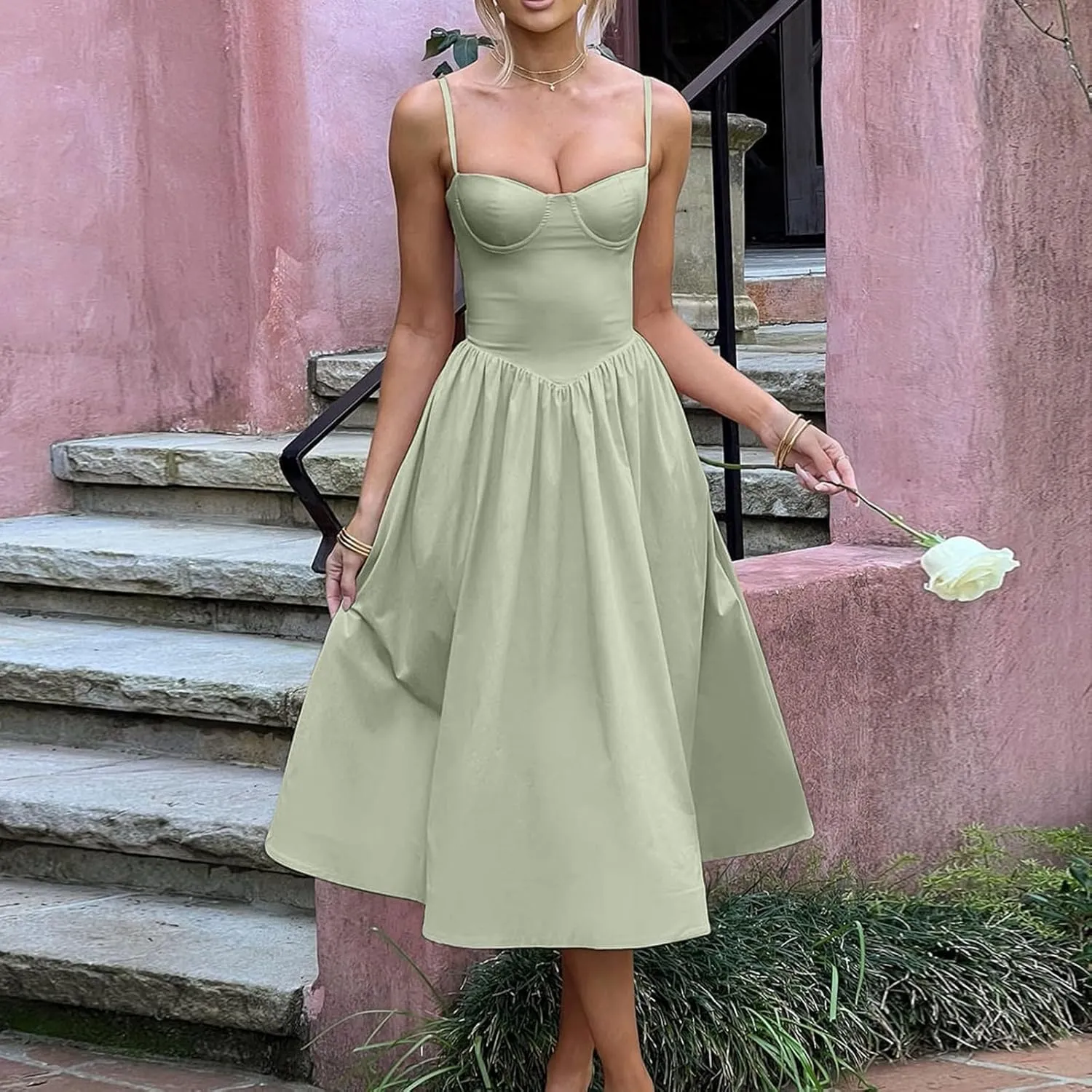 Corset Dress for Women Formal Spaghetti Strap Bustier Midi Dresses Flowy Pleated Hem A-Line Sundress with Pockets