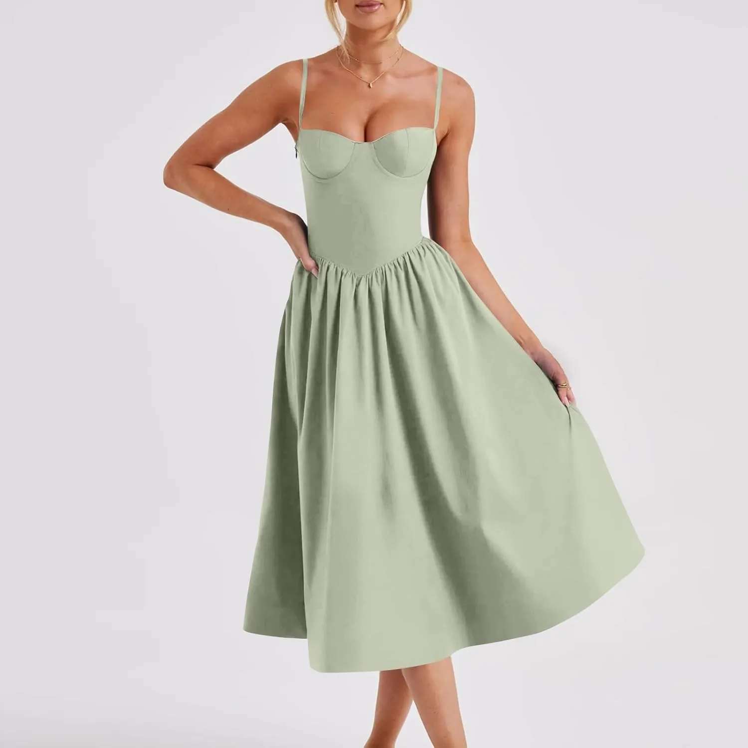 Corset Dress for Women Formal Spaghetti Strap Bustier Midi Dresses Flowy Pleated Hem A-Line Sundress with Pockets