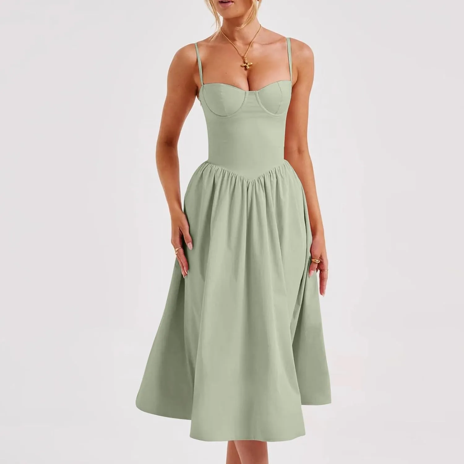 Corset Dress for Women Formal Spaghetti Strap Bustier Midi Dresses Flowy Pleated Hem A-Line Sundress with Pockets