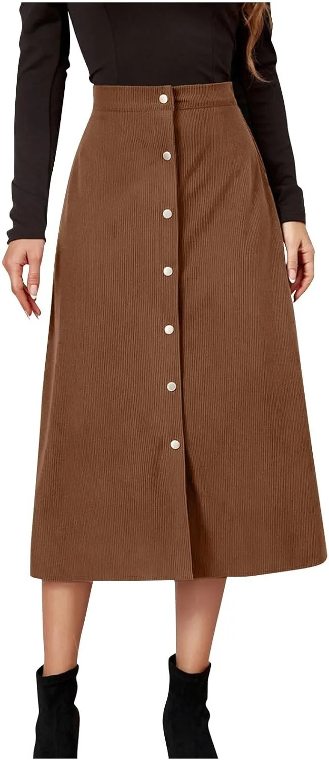 COTECRAM Corduroy Skirt Women Trendy Fall Winter High Waist Button Down A-Line Midi Skirts Dressy Casual Work Office Dresses