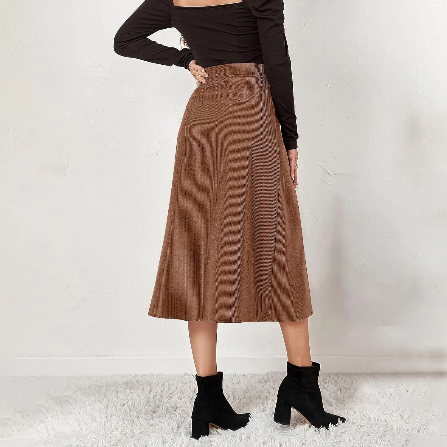 COTECRAM Corduroy Skirt Women Trendy Fall Winter High Waist Button Down A-Line Midi Skirts Dressy Casual Work Office Dresses