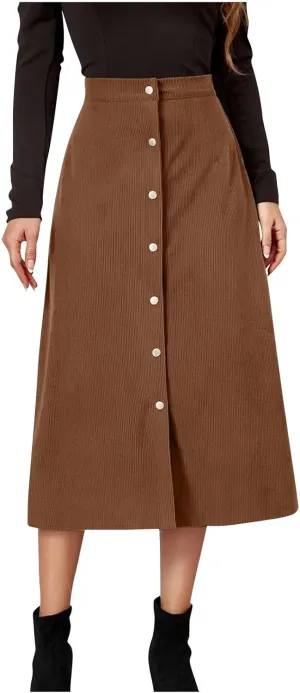 COTECRAM Corduroy Skirt Women Trendy Fall Winter High Waist Button Down A-Line Midi Skirts Dressy Casual Work Office Dresses