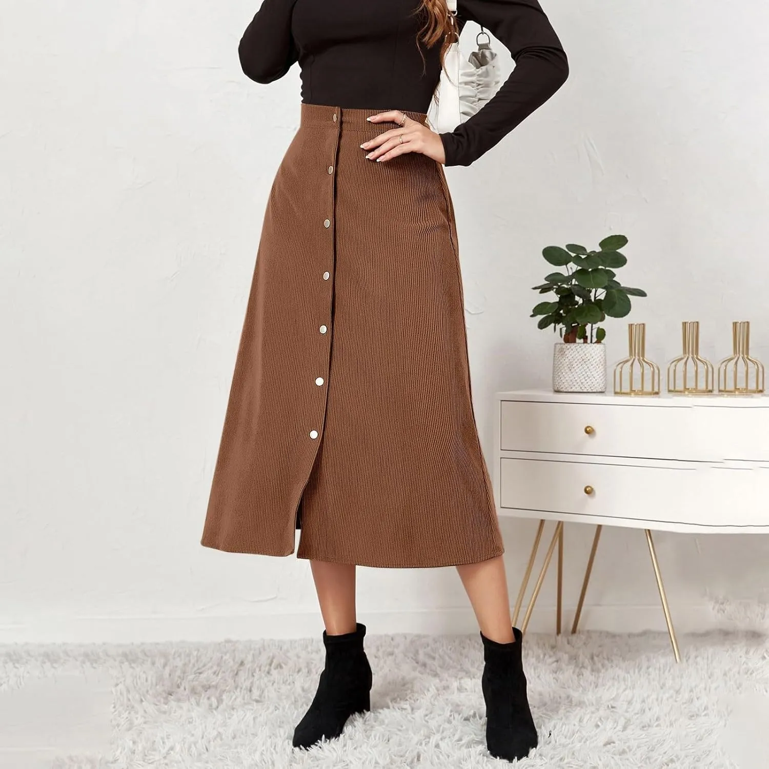 COTECRAM Corduroy Skirt Women Trendy Fall Winter High Waist Button Down A-Line Midi Skirts Dressy Casual Work Office Dresses