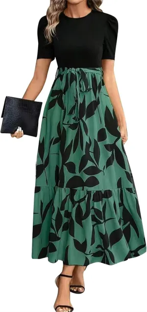 COTECRAM Women's 2025 Summer Casual Short Sleeve Crew Neck High Waist Smocked Tiered A Line Boho Beach Midi Maxi Dress