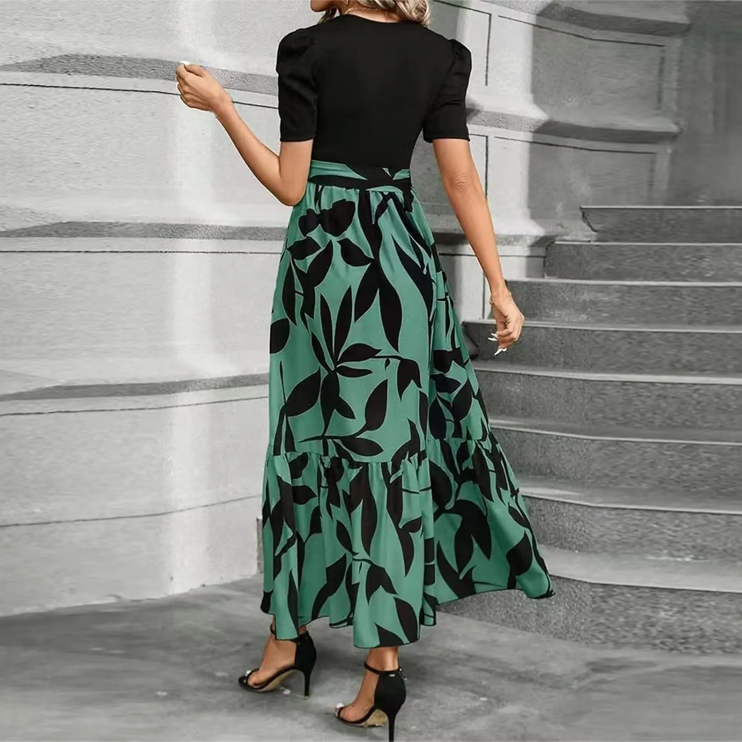 COTECRAM Women's 2025 Summer Casual Short Sleeve Crew Neck High Waist Smocked Tiered A Line Boho Beach Midi Maxi Dress