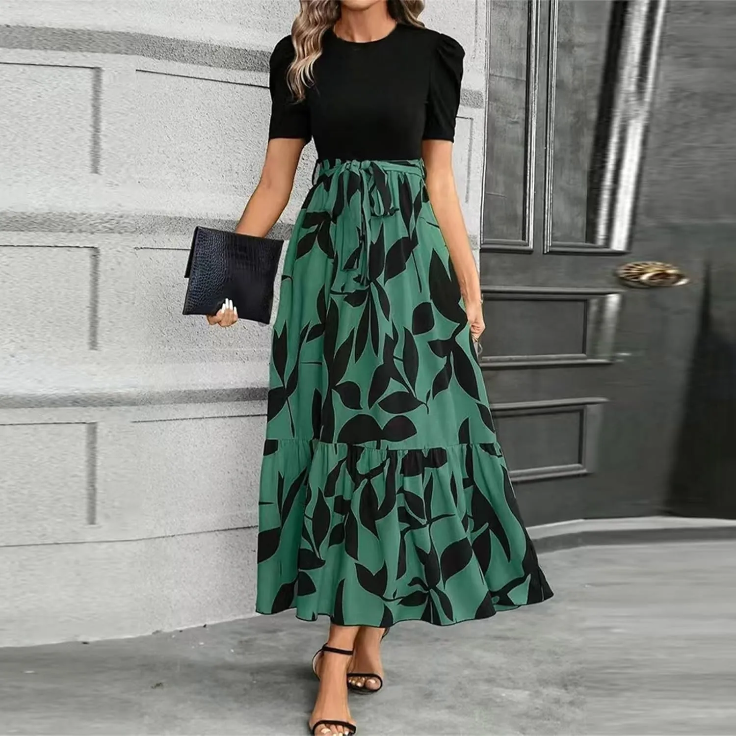 COTECRAM Women's 2025 Summer Casual Short Sleeve Crew Neck High Waist Smocked Tiered A Line Boho Beach Midi Maxi Dress