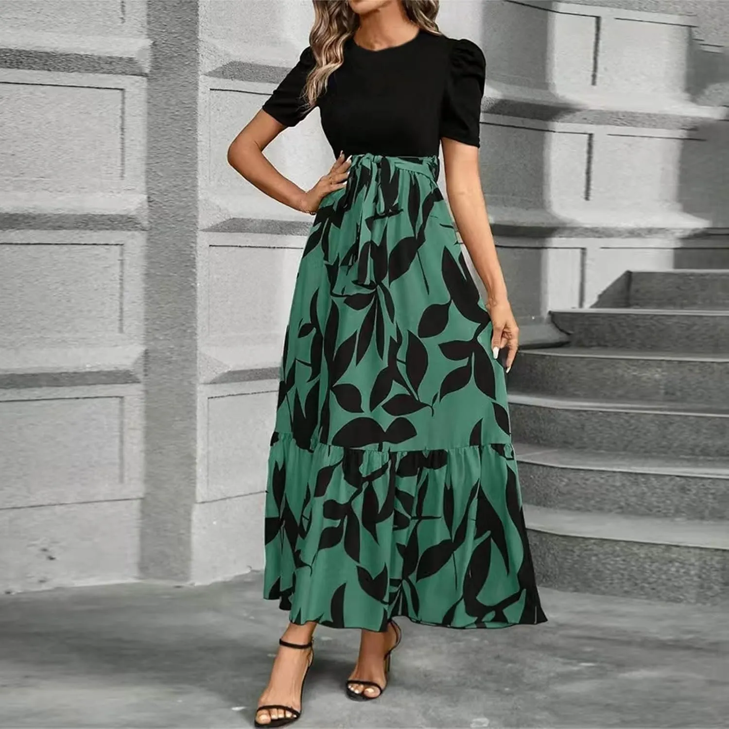 COTECRAM Women's 2025 Summer Casual Short Sleeve Crew Neck High Waist Smocked Tiered A Line Boho Beach Midi Maxi Dress