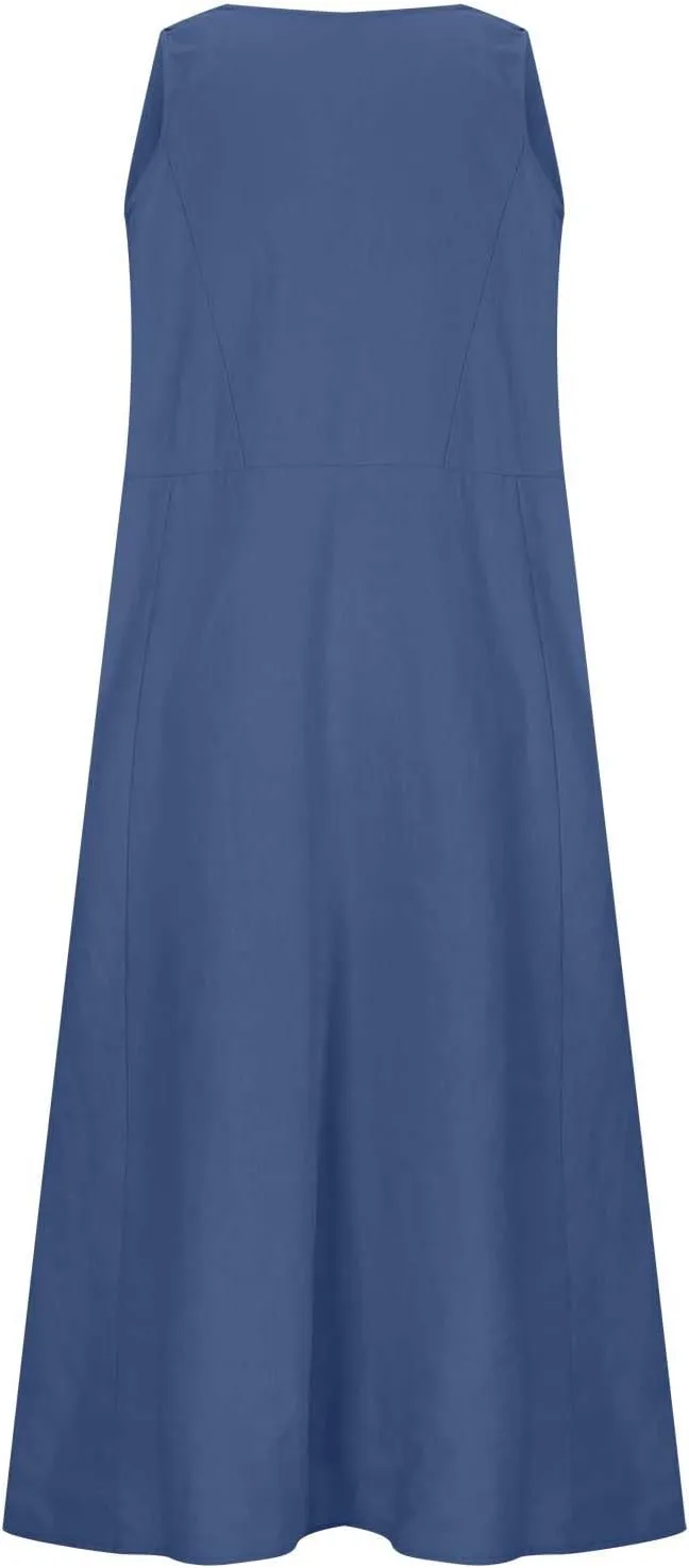 Cotton Line Dresses for Women 2023 Casual Summer Sleeveless Beach Flowy Sundress with Pockets Loose Tank Dress