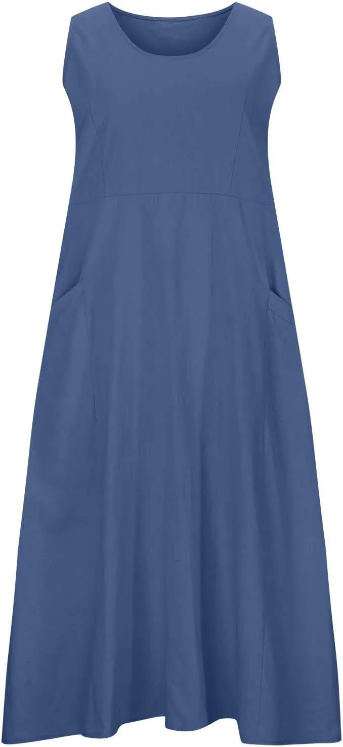 Cotton Line Dresses for Women 2023 Casual Summer Sleeveless Beach Flowy Sundress with Pockets Loose Tank Dress