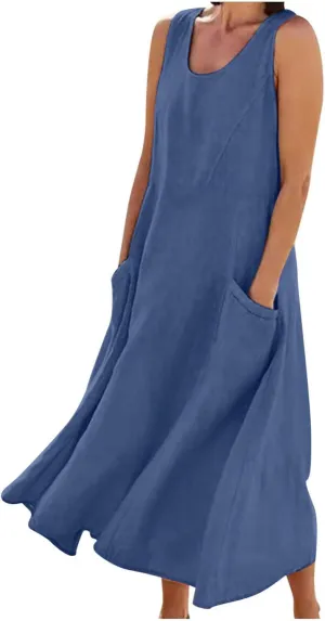 Cotton Line Dresses for Women 2023 Casual Summer Sleeveless Beach Flowy Sundress with Pockets Loose Tank Dress