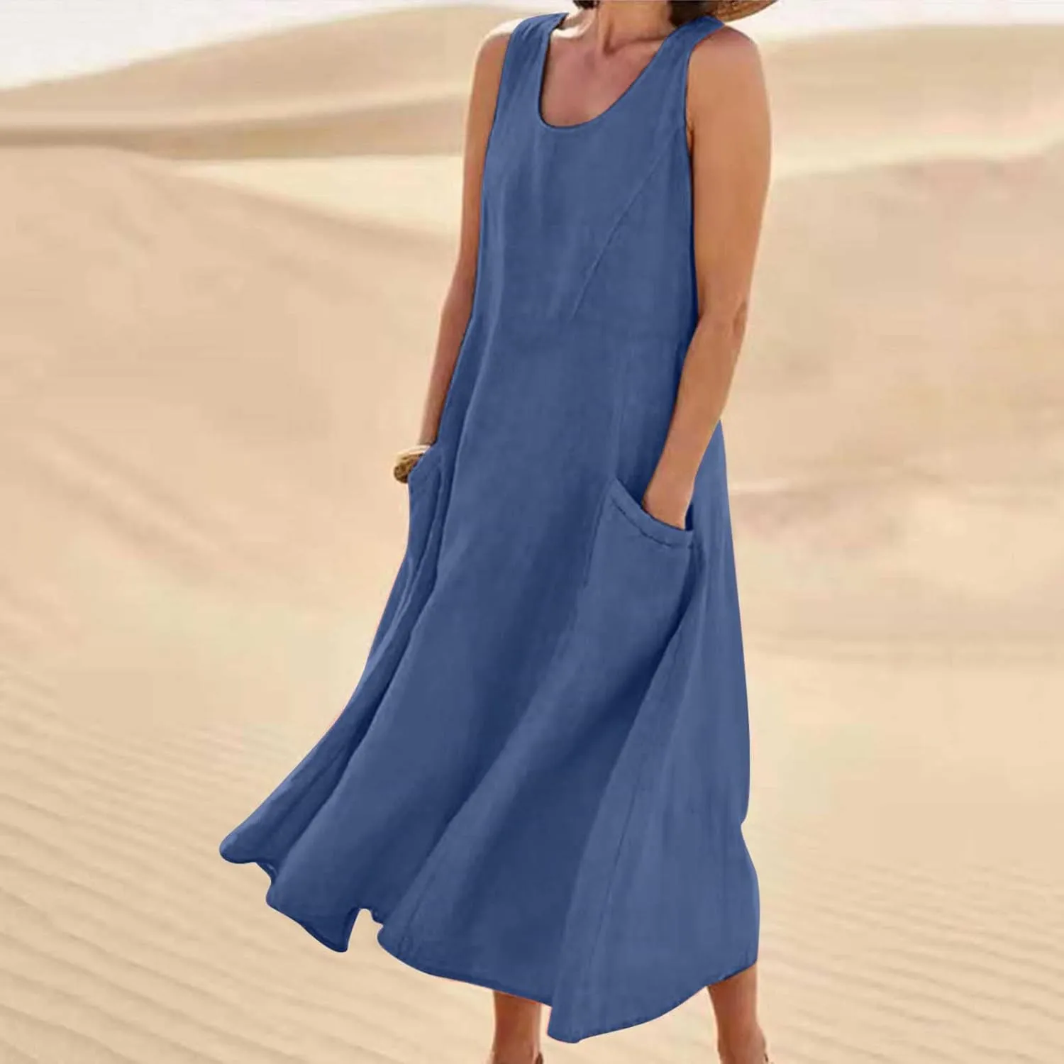 Cotton Line Dresses for Women 2023 Casual Summer Sleeveless Beach Flowy Sundress with Pockets Loose Tank Dress