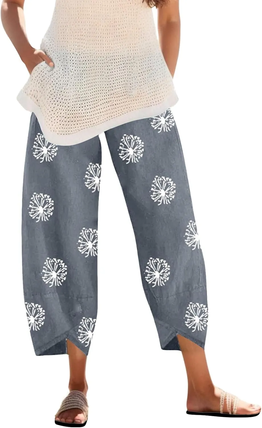 Cotton Linen Casual Summer Capri Pants for Women Cropped Comfy Baggy Trousers Palazzo Lounge Pants, Medium