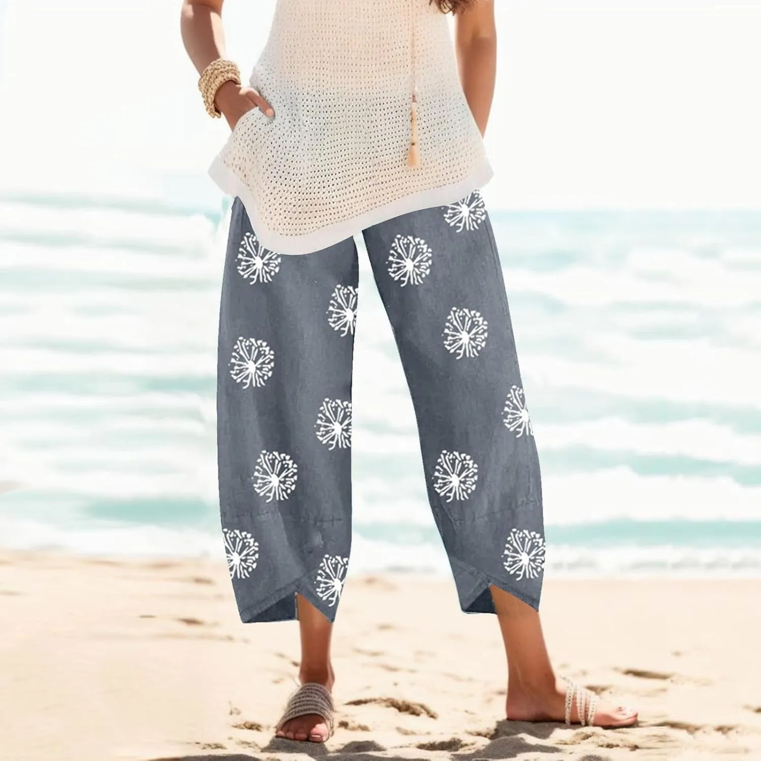 Cotton Linen Casual Summer Capri Pants for Women Cropped Comfy Baggy Trousers Palazzo Lounge Pants, Medium