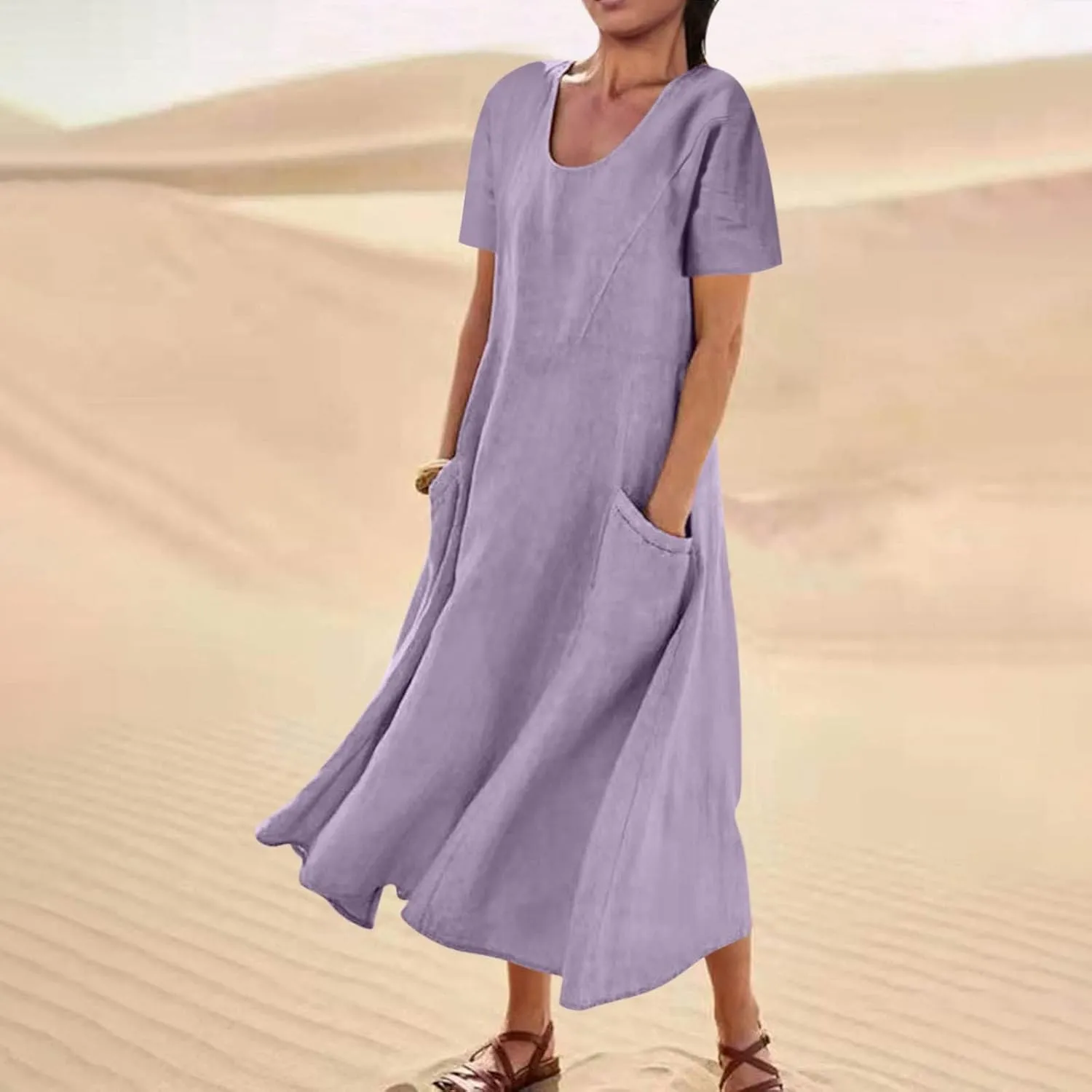 Cotton Linen Dresses for Women 2024 Trendy Casual Summer Dress Short Sleeve Flowy Maxi Dresses Boho Vacation Clothing