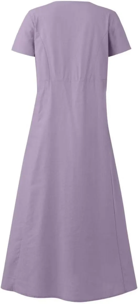 Cotton Linen Dresses for Women 2024 Trendy Casual Summer Dress Short Sleeve Flowy Maxi Dresses Boho Vacation Clothing