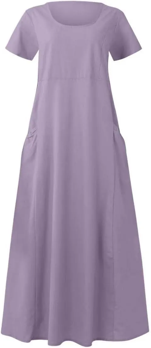 Cotton Linen Dresses for Women 2024 Trendy Casual Summer Dress Short Sleeve Flowy Maxi Dresses Boho Vacation Clothing
